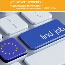 Cover of 'Competition in urban hiring markets' report, showing a close-up of keyboard keys with the EU flag and 'find job' keys in blue