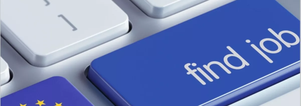 Cover of 'Competition in urban hiring markets' report, showing a close-up of keyboard keys with the EU flag and 'find job' keys in blue