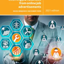 Cover of 'Study on inferring job vacancies from online job advertisements' report, showing a man in a suit holding up futuristic icons