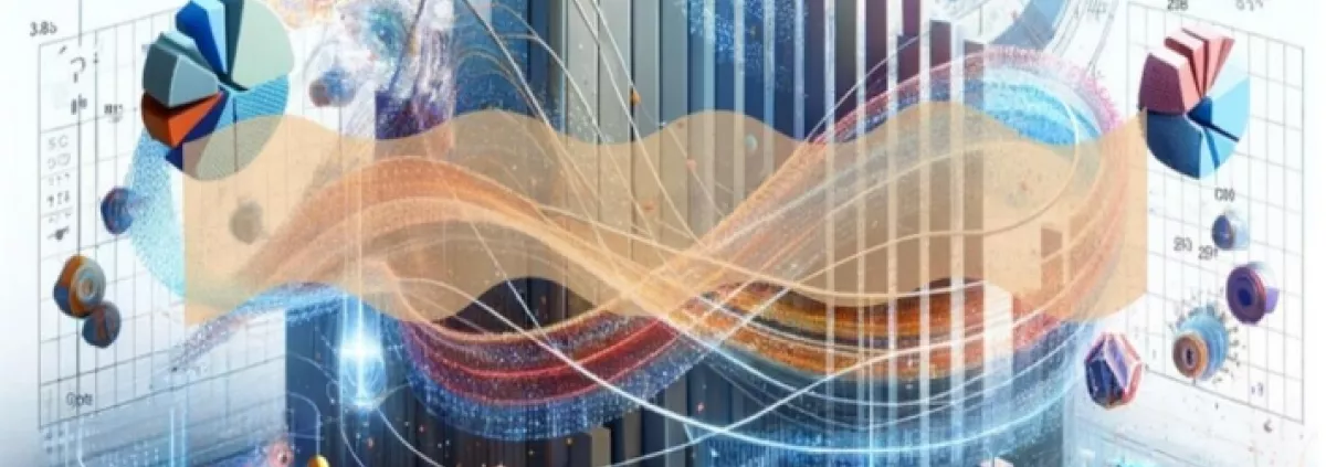 3D bar chart animation resembling skyscrapers, with numbers, pie charts and percentages floating above