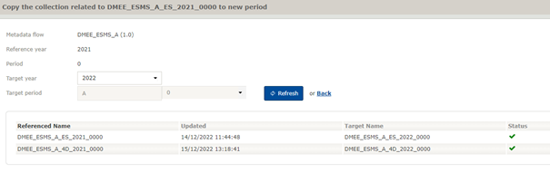 Copy a collection – Selection of metadata flow, reference year, target year and resulting files