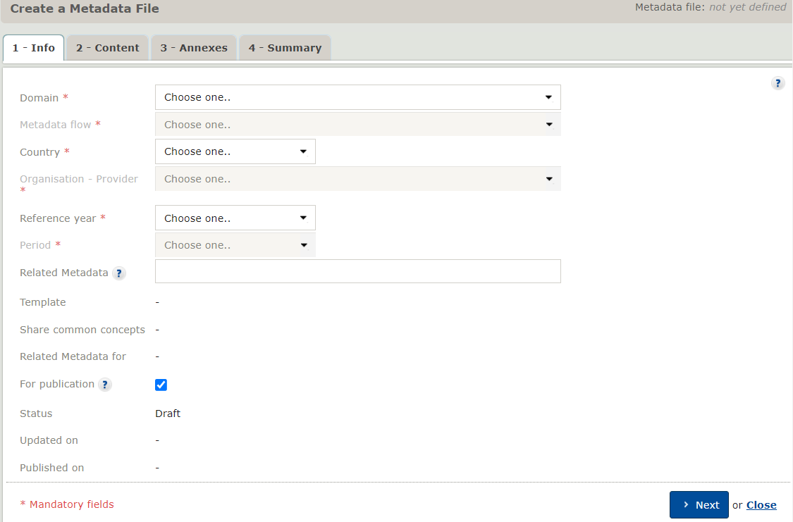 Creating a metadata file - step 1 Info