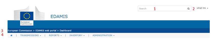 EDAMIS general view of search bar and user menu