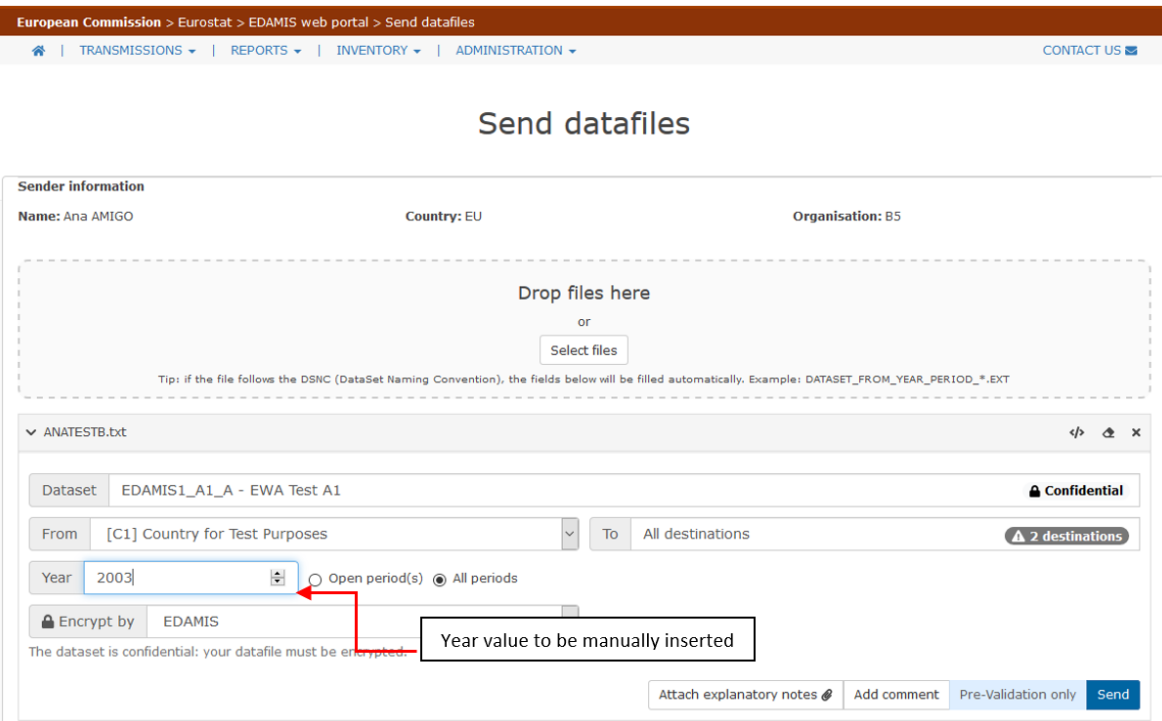 Example of Send datafiles screen where the year needs to be manually included using All periods option