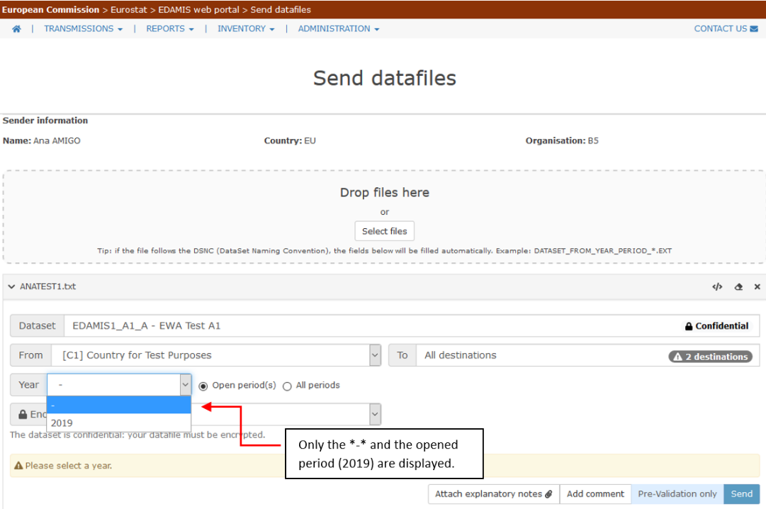 Example of Send datafiles screen where Open periods field shows 2019