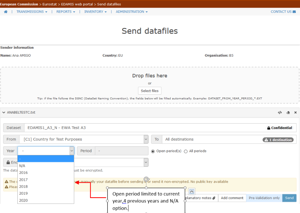 Example of Send datafiles screen, Year field for non periodic datasets