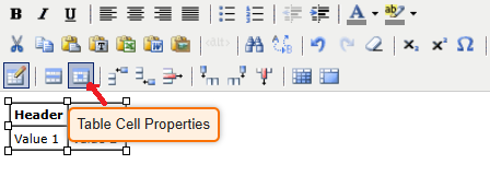 Screenshot of Editing wizard showing the Table Cell Properties icon