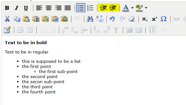 Screenshot of Editing wizard that is showing how to introduce sub-points using indentation.