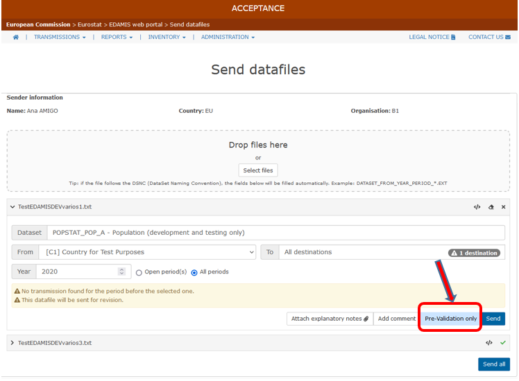 Send datafiles screen