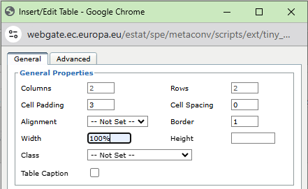 Screenshot of ESS-MH Editing wizard, Insert/Edit Table window.