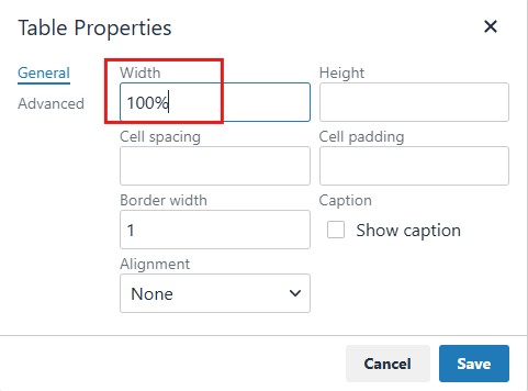 Table width property